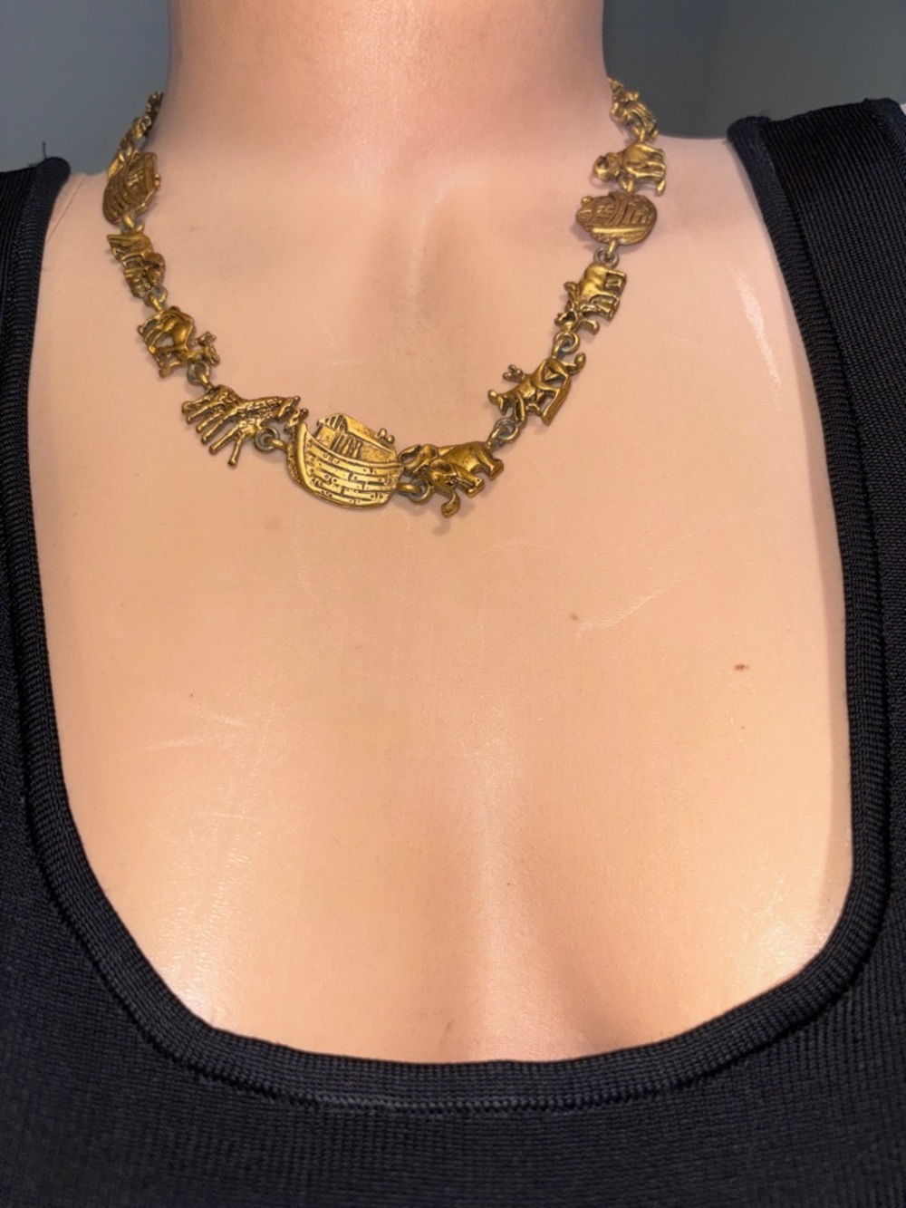 Vintage Gold Noahs ark Charm Necklace religious biblical Jewelry womans animal